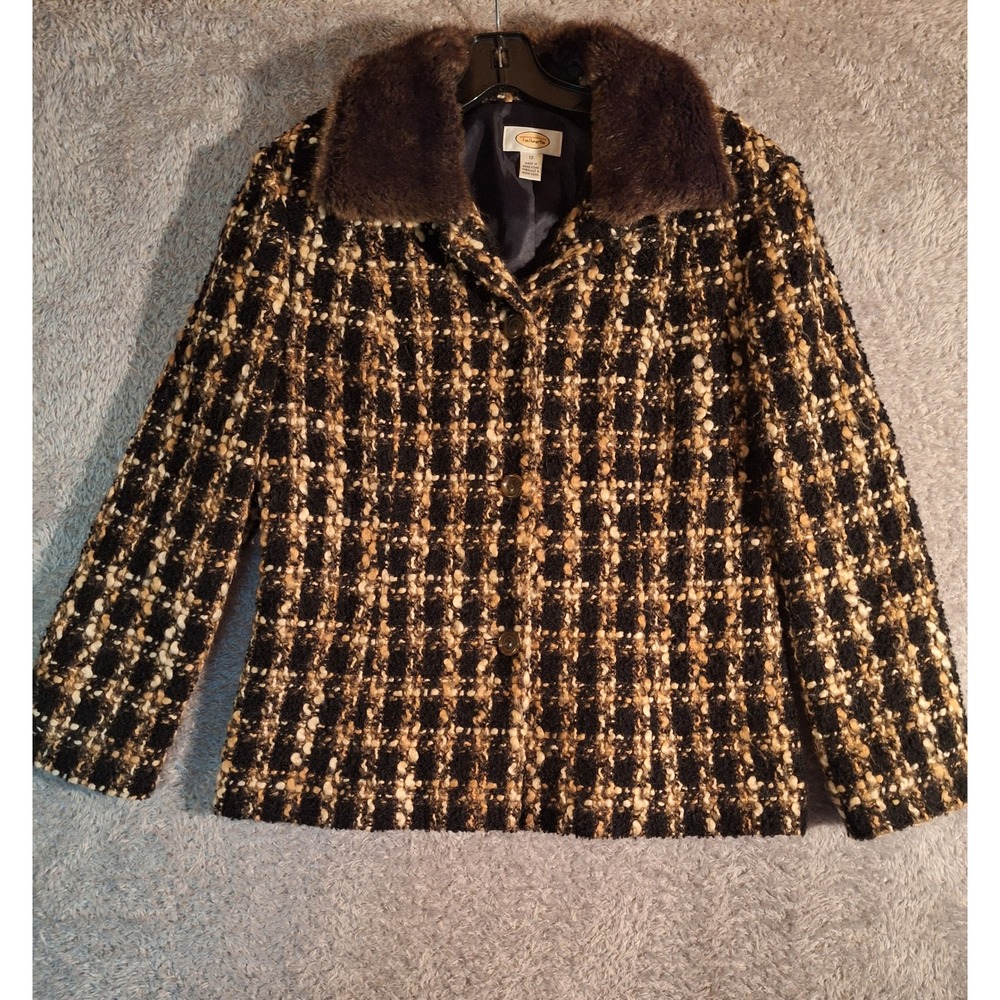 Talbots Wool Tweed Jacket Detachable Fur Collar Black Tan Plaid Size 12 Academic